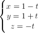 \small \left\{\begin{matrix} x=1-t\\ y=1+t \\ z=-t \end{matrix}\right.