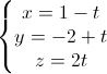 \left\{\begin{matrix}x=1-t\\y=-2+t\\z=2t\end{matrix}\right.