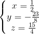 \left\{\begin{matrix} x=\frac{1}{2}\\ y=-\frac{23}{8} \\ z=\frac{15}{4} \end{matrix}\right.