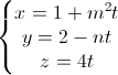 \left\{\begin{matrix}x=1+m^{2}t\\y=2-nt\\z=4t\end{matrix}\right.