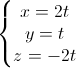 \left\{\begin{matrix}x=2t\\y=t\\z=-2t\end{matrix}\right.