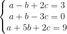 \left\{\begin{matrix} a-b+2c=3\\ a+b-3c=0 \\ a+5b+2c=9 \end{matrix}\right.