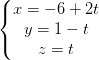 \dpi{100} \left\{\begin{matrix} x=-6+2t\\y=1-t \\ z=t \end{matrix}\right.