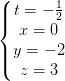 \dpi{100} \left\{\begin{matrix} t=-\frac{1}{2}\\x=0 \\ y=-2 \\ z=3 \end{matrix}\right.