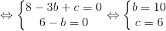 \Leftrightarrow \left\{\begin{matrix} 8-3b+c=0\\ 6-b=0 \end{matrix}\right.\Leftrightarrow \left\{\begin{matrix} b=10\\ c=6 \end{matrix}\right.