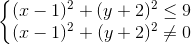 \left\{\begin{matrix} (x-1)^{2}+(y+2)^{2}\leq 9& & \\ (x-1)^{2}+(y+2)^{2}\neq 0 & & \end{matrix}\right.