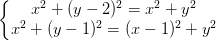 \dpi{100} \left\{\begin{matrix} x^{2}+(y-2)^{2}=x^{2}+y^{2}\\x^{2}+(y-1)^{2}=(x-1)^{2}+y^{2} \end{matrix}\right.