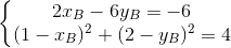 \left\{\begin{matrix} 2x_{B}-6y_{B}=-6\\ (1-x_{B})^{2}+(2-y_{B})^{2}=4 \end{matrix}\right.