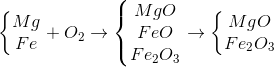 \left\{\begin{matrix} Mg\\ Fe \end{matrix}\right.+O_{2}\rightarrow \left\{\begin{matrix} MgO\\FeO \\ Fe_{2}O_{3} \end{matrix}\right.\rightarrow \left\{\begin{matrix} MgO\\Fe_{2}O_{3} \end{matrix}\right.