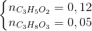 \left\{\begin{matrix} n_{C_{3}H_{5}O_{2}}=0,12\\ n_{C_{3}H_{8}O_{3}}=0,05 \end{matrix}\right.