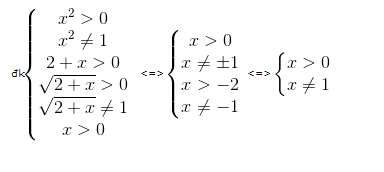 \left\{\begin{matrix} x^{2}>0 & & & & & \\ x^{2}\neq 1& & & & & \\ 2+x>0 & & & & & \\ \sqrt{2+x}>0& & & & & \\ \sqrt{2+x}\neq 1& & & & & \\ x>0 & & & & & \end{matrix}\right.