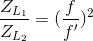 \frac{Z_{L_{1}}}{Z_{L_{2}}}=(\frac{f}{f'})^{2}