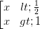 \dpi{100} \left [ \begin{matrix} x<\frac{1}{2} & \\ x>1& \end{matrix}