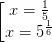 \dpi{100} \left [ \begin{matrix} x=\frac{1}{5} & \\ x= 5^{\frac{1}{6}} & \end{matrix}