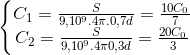 \left\{\begin{matrix} C_{1}=\frac{S}{9,10^{9}.4\pi .0,7d}=\frac{10C_{0}}{7}\\ C_{2}=\frac{S}{9,10^{9}.4\pi 0,3d}=\frac{20C_{0}}{3} \end{matrix}\right.