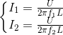 \left\{\begin{matrix} I_{1}=\frac{U}{2\pi f_{1}L}\\ I_{2}=\frac{U}{2\pi f_{2}L} \end{matrix}\right.