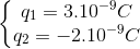 \left\{\begin{matrix} q_{1}=3.10^{-9}C & \\ q_{2}=-2.10^{-9}C & \end{matrix}\right.