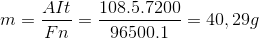 m=\frac{AIt}{Fn} = \frac{108.5.7200}{96500.1}=40,29 g