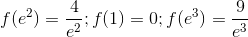 f(e^{2})=\frac{4}{e^{2}};f(1)=0; f(e^{3})=\frac{9}{e^{3}}