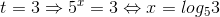 t=3\Rightarrow 5^{x}=3\Leftrightarrow x=log_{5}3