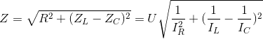 Z=\sqrt{R^{2}+(Z_{L}-Z_{C})^{2}}=U\sqrt{\frac{1}{I_{R}^{2}}+(\frac{1}{I_{L}}-\frac{1}{I_{C}})^{2}}