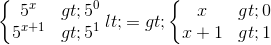 \left\{\begin{matrix} 5^{x}>5^{0} & \\ 5^{^{x+1}}>5^{1}& \end{matrix}\right. <=>\left\{\begin{matrix} x>0 & \\ x+1>1& \end{matrix}\right.