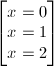 \small \begin{bmatrix} x=0\\x=1 \\ x=2 \end{bmatrix}