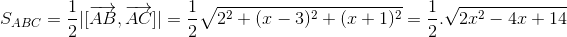 S_{ABC}= \frac{1}{2}|[\overrightarrow{AB},\overrightarrow{AC}]| = \frac{1}{2}\sqrt{2^{2}+(x-3)^{2}+(x+1)^{2}}= \frac{1}{2}.\sqrt{2x^{2}-4x+14}