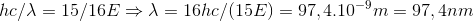 hc/\lambda = 15/16E \Rightarrow \lambda = 16hc/(15E) = 97,4.10^{-9}m = 97,4 nm