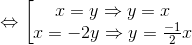 \Leftrightarrow \left [\begin{matrix} x=y\Rightarrow y=x & & \\ x=-2y\Rightarrow y=\frac{-1}{2}x & & \end{matrix}