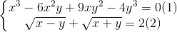 \left\{\begin{matrix} x^{3}-6x^{2}y+9xy^{2}-4y^{3} = 0 (1)& \\ \sqrt{x-y}+\sqrt{x+y}=2(2 )& \end{matrix}\right.