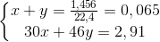 \left\{\begin{matrix} x+y=\frac{1,456}{22,4}=0,065\\ 30x+46y=2,91 \end{matrix}\right.