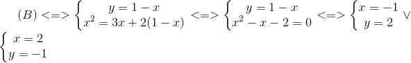 (B)<=>left{ egin{matrix} y=1-x\x^{2}=3x+2(1-x) end{matrix}<br />
ight.<=>left{ egin{matrix} y=1-x\x^{2}-x-2 =0 end{matrix}<br />
ight.<=>left{ egin{matrix} x=-1\y=2 end{matrix}<br />
ight.vee left{ egin{matrix} x=2\y=-1 end{matrix}<br />
ight.