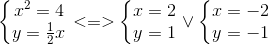 left{ egin{matrix} x^{2}=4\ y=frac{1}{2}x end{matrix}
ight.<=>left{ egin{matrix} x=2\y=1 end{matrix}<br />
ight.vee left{ egin{matrix} x=-2\ y=-1 end{matrix}<br />
ight.