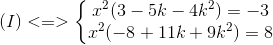 (I)<=>left{ egin{matrix} x^{2}(3-5k-4k^{2})=-3 x^{2}(-8+11k+9k^{2}) =8 end{matrix}<br />
ight.