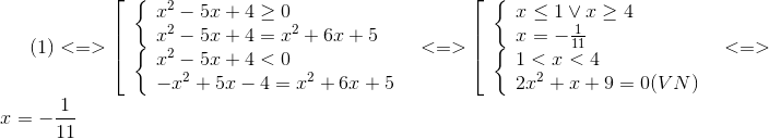 (1) < = > left[  egin{array}{l} left{  egin{array}{l} {x^2} - 5x + 4 ge 0\ {x^2} - 5x + 4 = {x^2} + 6x + 5 end{array}<br />
ight.\ left{  egin{array}{l} {x^2} - 5x + 4 < 0\ - {x^2} + 5x - 4 = {x^2} + 6x + 5 end{array} 
ight. end{array} 
ight. < = > left[  egin{array}{l} left{  egin{array}{l} x le 1 vee x ge 4\ x = - frac{1}e_11 end{array}<br />
ight.\ left{  egin{array}{l} 1 < x < 4\ 2{x^2} + x + 9 = 0(VN) end{array} 
ight. end{array} 
ight. < = > x = - frac{1}e_11