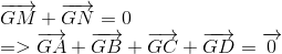  egin{array}{l} overrightarrow {GM} + overrightarrow {GN} = 0\ = > overrightarrow {GA} + overrightarrow {GB} + overrightarrow {GC} + overrightarrow {GD} = overrightarrow 0 end{array}