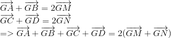  egin{array}{l} overrightarrow {GA} + overrightarrow {GB} = 2overrightarrow {GM} \ overrightarrow {GC} + overrightarrow {GD} = 2overrightarrow {GN} \ = > overrightarrow {GA} + overrightarrow {GB} + overrightarrow {GC} + overrightarrow {GD} = 2(overrightarrow {GM} + overrightarrow {GN} ) end{array}