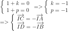  egin{array}{l} left{  egin{array}{l} 1 + k = 0\ 1 + p = 0 end{array} 
ight. = > left{  egin{array}{l} k = - 1\ p = - 1 end{array}<br />
ight.\ = > left{  egin{array}{l} overrightarrow {IC} = - overrightarrow {IA} \ overrightarrow {ID} = - overrightarrow {IB} end{array}<br />
ight. end{array}