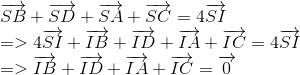  egin{array}{l} overrightarrow {SB} + overrightarrow {SD} + overrightarrow {SA} + overrightarrow {SC} = 4overrightarrow {SI} \ = > 4overrightarrow {SI} + overrightarrow {IB} + overrightarrow {ID} + overrightarrow {IA} + overrightarrow {IC} = 4overrightarrow {SI} \ = > overrightarrow {IB} + overrightarrow {ID} + overrightarrow {IA} + overrightarrow {IC} = overrightarrow 0 end{array}