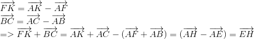  egin{array}{l} overrightarrow {FK} = overrightarrow {AK} - overrightarrow {AF} \ overrightarrow {BC} = overrightarrow {AC} - overrightarrow {AB} \ = > overrightarrow {FK} + overrightarrow {BC} = overrightarrow {AK} + overrightarrow {AC} - (overrightarrow {AF} + overrightarrow {AB} ) = (overrightarrow {AH} - overrightarrow {AE} ) = overrightarrow {EH} end{array}