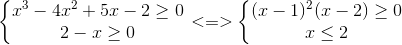 \left\{\begin{matrix} x^{3}-4x^{2} &+5x-2\geq 0 \\ 2-x\geq 0 & \end{matrix}\right. <=>\left\{\begin{matrix} (x-1)^{2}(x-2)\geq 0 & \\ x\leq 2 & \end{matrix}\right.